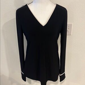 White House Black Market Black Fitted Long Sleeve Blouse with Deep V-Neck